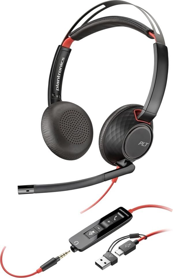 Poly Blackwire 5220 Stereo USB-C Headset, 32mm Driver Size, Omnidirectional Microphone Style, 3.5mm Plug + USB-C & USB-A Adapter Connectivity, Black | 8X231AA